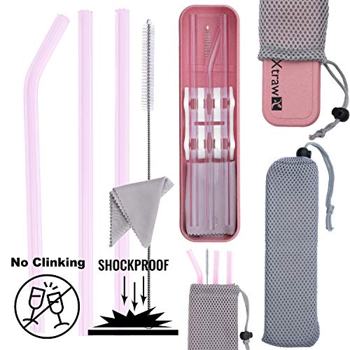 Product Cover XTRAW Premium Reusable Glass Drinking Straws with Carrying Case and Protective Pouch Bag, Set of 3 with Protective Straw Stand, Cleaning Brush, Cleaning Cloth, Wheat Straw Plastic Travel Case (Pink)
