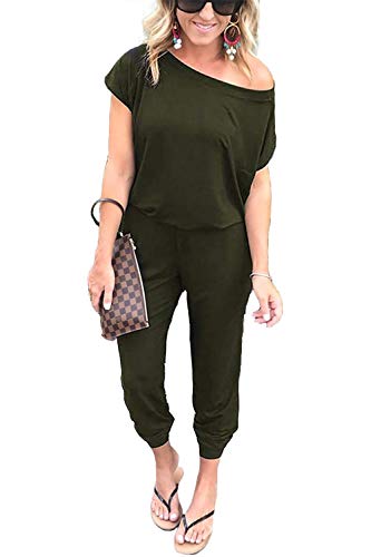 Product Cover Timemory Women Sexy Off Shoulder Elastic Waist Beam Foot Jumpsuit Army Green L