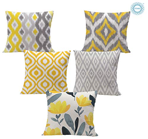 Product Cover STITCHNEST Ikat Yellow Grey Printed Canvas Cotton Cushion Covers,Grey,Yellow Set of 5 (16 x 16 Inches)