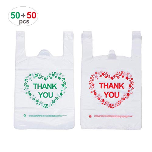 Product Cover LazyMe Thank You T Shirt Bags Plastic Grocery Bags White Sturdy Handled Merchandise Bags,Standard Supermarket Size, 12 x 20 inch (100 pcs)
