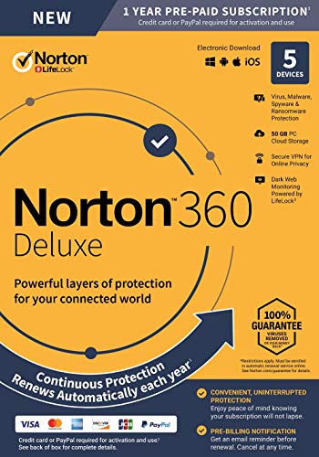 Product Cover Norton 360 Deluxe - Antivirus Software for 5 Devices with Auto Renewal - Includes VPN, PC Cloud Backup & Dark Web Monitoring powered by LifeLock - 2020 Ready [Key Card]