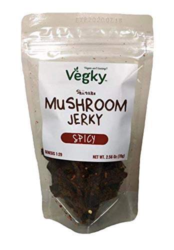 Product Cover VEGKY Vegan Shiitake Mushroom Jerky SPICY 70 Grams 2.56 oz Non-GMO Vegetarian Meatless Snack Plant Based Cruelty Free