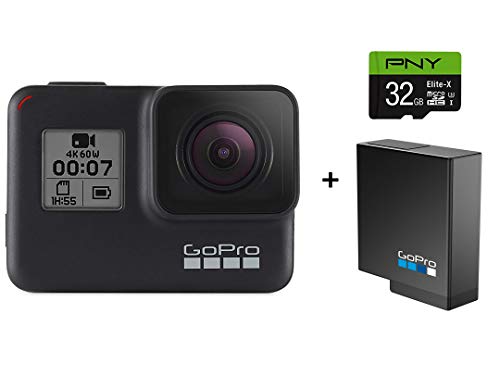 Product Cover GoPro HERO7 Black Camera + Extra Rechargeable Battery + PNY Elite-X 32GB U3 microSDHC Card (Bundle) - Waterproof Digital Action Camera Touch Screen 4K HD Video 12MP Photos Live Streaming Stabilization