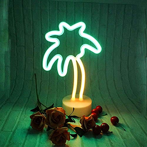Product Cover ENUOLI Coconut Palm Tree Neon Signs LED Battery Operated USB Powered Neon Light with Holder Base for Party Supplies Girls Room Decoration Accessory for Luau Summer Party Children Kids Gifts