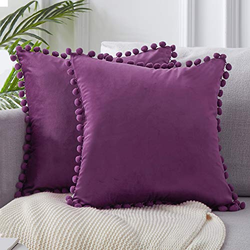 Product Cover Top Finel Decorative Throw Pillow Covers 20 x 20 Inch Soft Particles Velvet Solid Cushion Covers with Pom-poms for Couch Bedroom Car 50 x 50 cm, Pack of 2, Elegant Purple