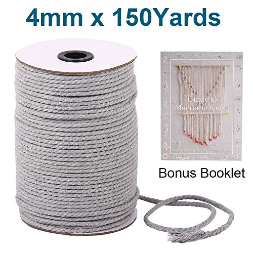 Product Cover XKDOUS Colored Macrame Cord Light Gray 4mm x 150Yards, Grey Cotton Macrame Rope, Soft Cotton Cord for Plant Hangers, Gardening, Clothesline, Crafts, Décor & Decoration