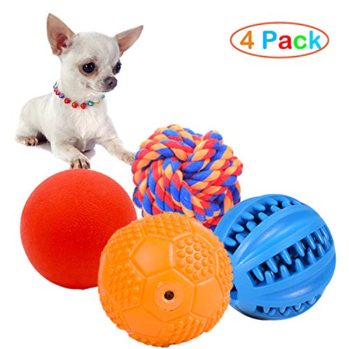 Product Cover Volacopets 4 Pack Different Functions Puppy Chew Toys, Dog Chew Toy Durable,Squeaky Toys Ball for Small Dog,Chew Rubber Ball,Puppy Teething Toy,Rope Ball