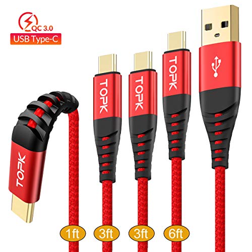 Product Cover TOPK USB C Cable,USB C to A Cable(4-Pack,1ft,3ft,3ft,6ft),Support QC 3.0 3A Fast Charging Cable Nylon Braided Sync Data Transfer Cord Suit for Samsung S10/S9/S8,Note 9/8,Pixel,LG G6/G5,HTC,Moto(Red)