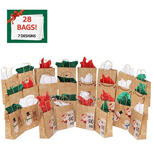 Product Cover MOMONI 28 Piece Medium Christmas Gift Bags- Xmas Bags Variety Kraft Gift Bags Bulk Christmas Bags- Good for Xmas Party Favors, Goody Gift Bags, Holiday Party Treat Box and Presents