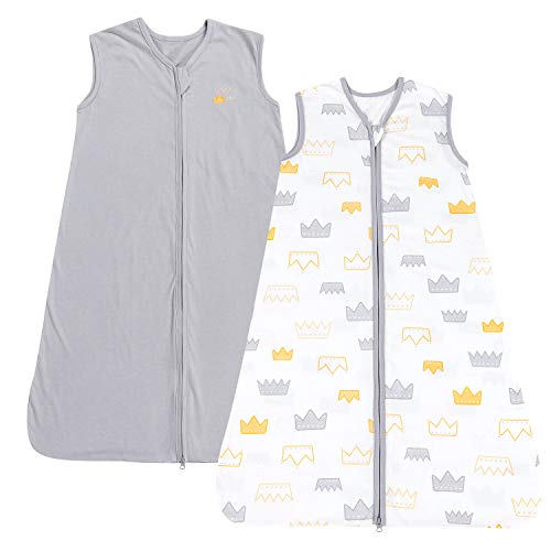 Product Cover TILLYOU Large L Breathable Cotton Baby Wearable Blanket with 2-Way Zipper, Super Soft Lightweight 2-Pack Sleeveless Sleep Bag Sack for Boys, Fits Infants Newborns Age 12-18 Months, Gray Crown