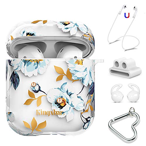 Product Cover KINGXBAR Airpods Case Cover, Clear Hard Airpods Cover Bling Crystals from Swarovski Gardenia Flower Design with AirPods Strap/Ear Hook/Watch Band Holder/Carabiner for Airpods 1 & 2(Front LED Visible)
