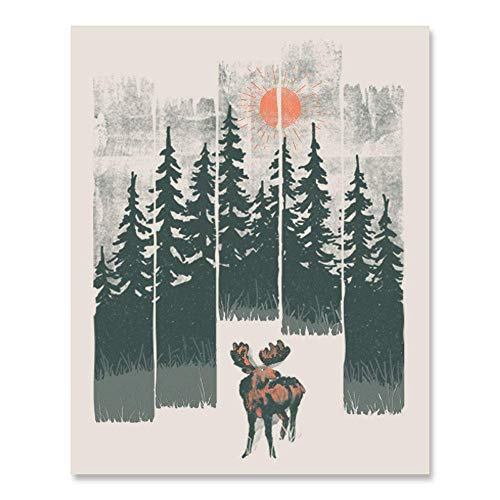 Product Cover Moose Wilderness Art Print Beautiful Outdoor Wildlife Inspiration Wall Art Forest Landscape Nature Lover Wall Decor Calming Woodland Animals Sunshine Trees Mountains Lake Home Decor 8 x 10 Inch