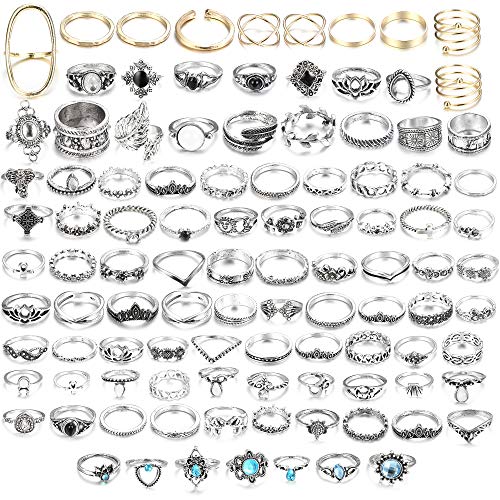 Product Cover LOLIAS 101 Pcs Vintage Knuckle Ring Set for Women Girls Stackable Rings Set Hollow Carved Flowers (B:101 Pcs a Set)