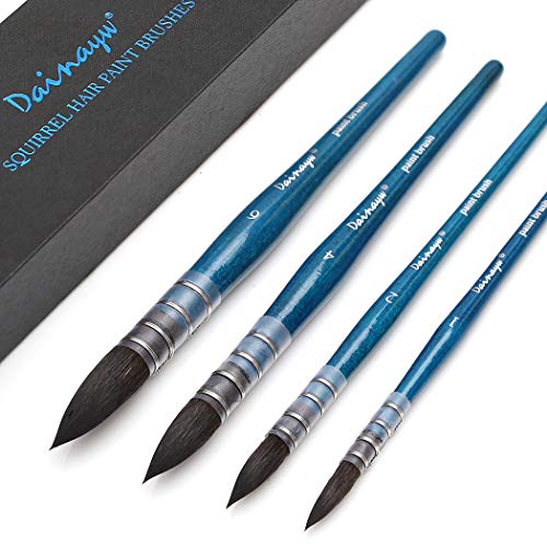 Product Cover Dainayw Professional Mop Watercolor Brushes, Squirrel Hair & Horse Hair Synthetic Blend Round Paint Brush Set for Art Painting, Gouache, 4 Size, Blue Handle