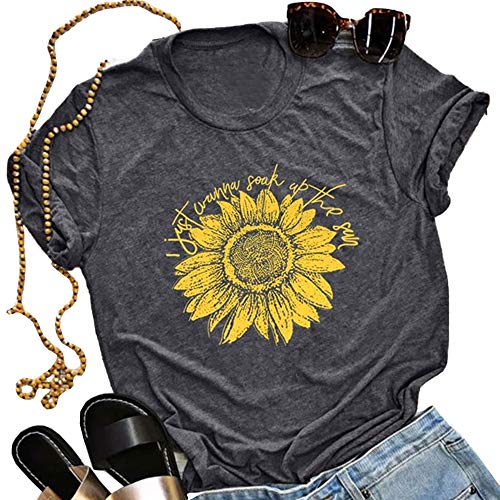 Product Cover Pukemark Women's Tops Cute Graphic Letter Print Summer Casual Cotton T-Shirt Sunflower Short Sleeve Round Neck Tees