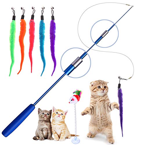 Product Cover Retractable Cat Toys Wand with 5 Piece Teaser Refills, Interactive Cat Feather Toy for Cat Kitten Having Fun Exerciser Playing