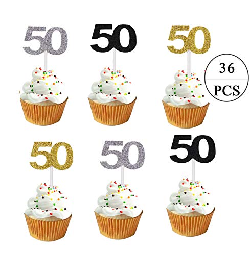 Product Cover 36 Pieces Number 50 Glitter Cupcake Toppers,50th Cupcake Picks for Birthday Cake Decorations( Black, Silver, Golden)