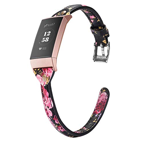 Product Cover Wearlizer Compatible with Charge 3 Bands for Women Leather Slim Thin Leather for Charge 3 hr SE Special Edition Rose Gold Band Accessories Strap T-Floral
