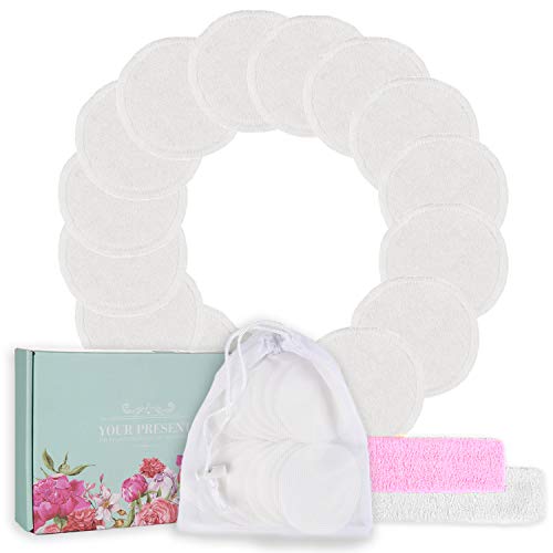 Product Cover 16 Pack Reusable Cotton Face Pads, Makeup Wash Rounds, with Washable Laundry Bag, Two Microfiber Headbands, for Cleansing, Toner, Travel, Zero Waste Products, Eco Friendly, Exfoliating Wipes
