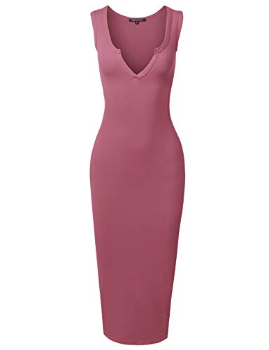 Product Cover Women's Fitted Sexy Solid Split Neck Line Front Body-Con Midi Dress