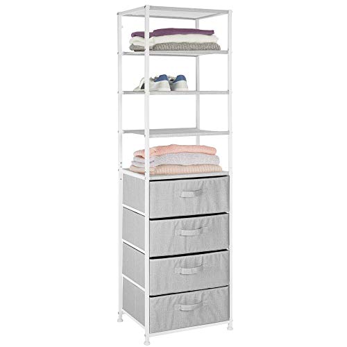 Product Cover mDesign Modular Closet Organizer System, Tall Vertical Storage Unit - Sturdy Steel Frame, Easy Pull Fabric Bins for Bedroom, Hallway, Entryway, Closets, Textured Print - 4 Drawers, 4 Shelves - Gray