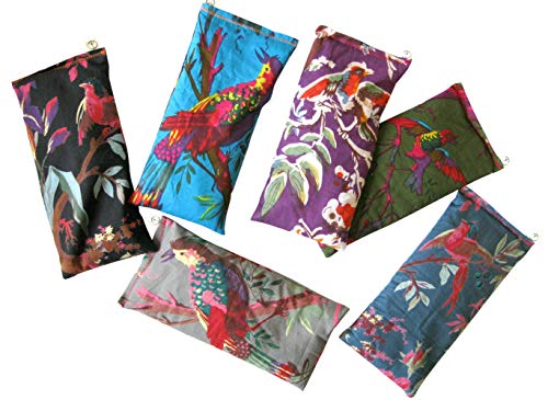 Product Cover Scented Eye Pillows - Pack of (6) - Soft Cotton 4 x 8.5 - Organic Lavender Flax Seed - hand block print - birds flowers purple black blue gray green