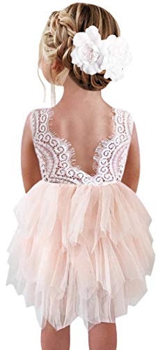 Product Cover 2Bunnies Girl Beaded Peony Lace Back A-Line Tiered Tutu Tulle Flower Girl Dress (Pink Sleeveless Short, 12 Months)