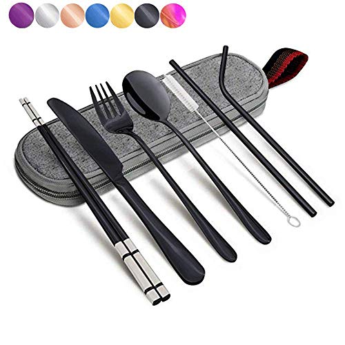 Product Cover Annvchi Reusable Utensils with Case - Office Lunch Utensils - Black Portable Flatware Stainless Set with Case and Straw, Straight Straw, Knife, Fork, Spoon (Black)