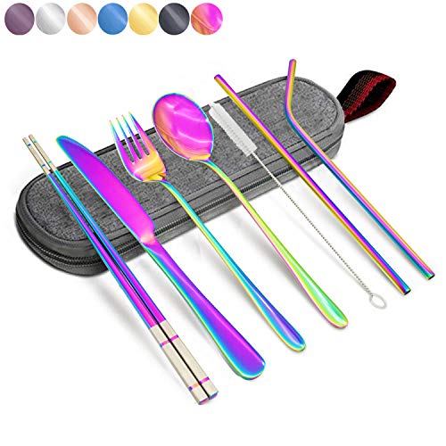 Product Cover Annvchi Office Cutlery Set with Case for Lunch School Camping Office - Straw, Straight Straw, Knife, Fork, Spoon, Chopsticks, Cleaning Brush 8 Piece (Rainbow Multicolor)