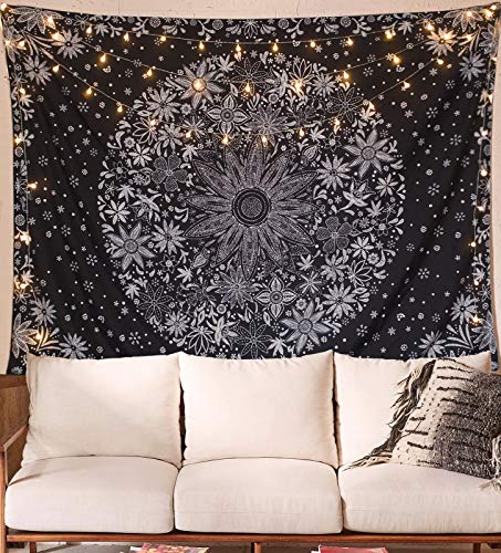 Product Cover Neasow Bohemian Tapestry Wall Hanging,Black and White Floral Tapestry with Dotted Daisy Medallion Print Bedroom Boho Hippie Home Decor, 60×80 inches