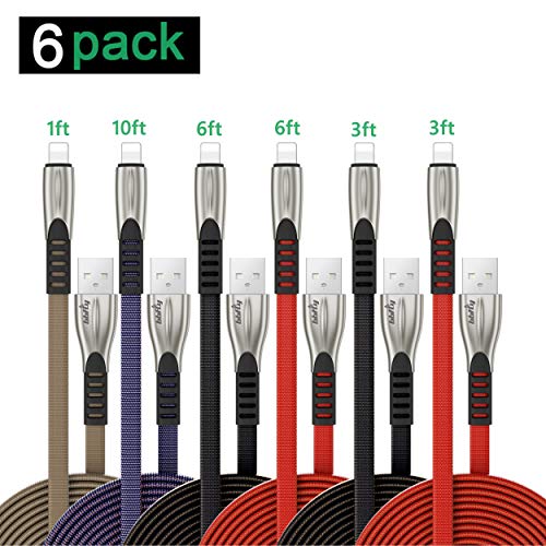 Product Cover Phone Charger Cable 6 Pack Multipack 1/3/3/6/6/10 FT,Charging Cords, Long Fast iOS Lightning Cable Cords Set, Unbreakable Nylon Sync Charger Cords for Phone XS Max/XR/8/7Plus/6S/6 Pad Charger