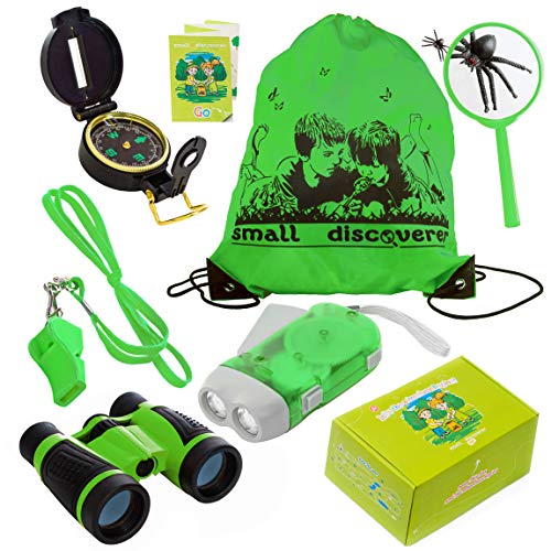 Product Cover Kid Explorer Kit Binocular Flashlight Compass Magnifying Glass Whistle Backpack Play Kid Camping Gear Educational Toys Adventure Hiking Bird Watching Gift for 3-12 Year Old Boys and Girls (Green)