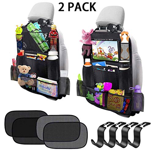 Product Cover Car Backseat Organizer 2 Pack 11 Storage Pockets Kick Mats with 10'' Touch Screen Tablet Holder Car Seat Back Protector Travel Accessories for Kids Toy Thermal Insulated Pockets Strong Buckle