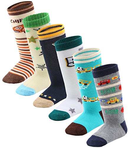 Product Cover 6 Pairs Toddler Boy Non Skid Socks Knee High Cotton with Grips, Baby Boys Anti-skid Socks (5-7 Years, 6 Pairs)