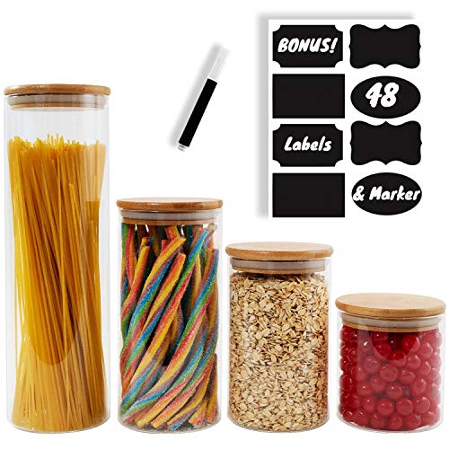 Product Cover Canister Set of 4 | Glass Jars with Airtight Bamboo Lids | Kitchen Canisters for Food Storage | Ideal as Pasta, Cereal, Coffee, Flour, Sugar Container for Pantry | Bonus 48 Labels and Marker