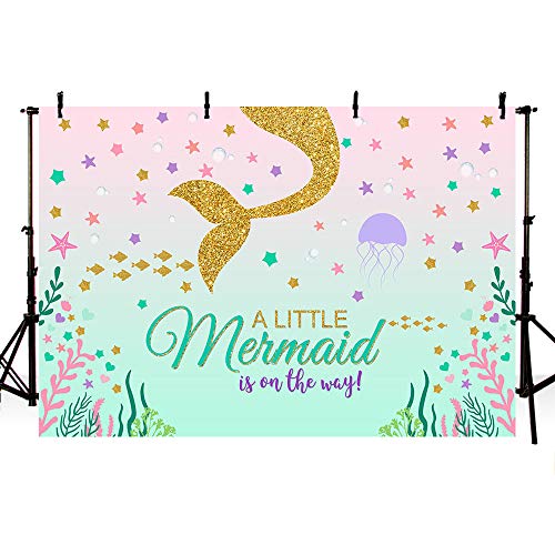 Product Cover MEHOFOTO Mermaid Theme Princess Baby Shower Photography Backdrop Ocean Under The Sea Party Decoration Bubbles Starfish Shell Ocean Girl Purple Teal Gold Pink Photo Studio Background Banner 7x5ft