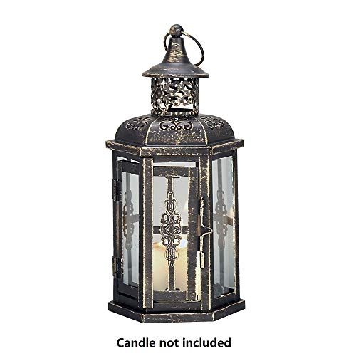 Product Cover JHY Design Decorative Lanterns-10inch High Vintage Style Hanging Lantern, Metal Candleholder for Indoor Outdoor, Events, Parities and Weddings(Black with Gold Brush)