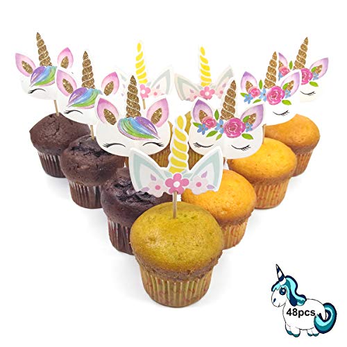 Product Cover v39buy Unicorn Cupcake Toppers For Birthday Party Decorations - Rainbow Cake Topper Set For Baby Shower Supplies - Two Sides With Three Styles Including Cute Horn Card Board