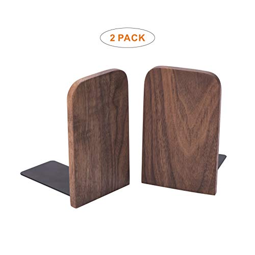 Product Cover Vintage Wooden Bookends with Metal Base 2 Pcs Heavy Duty Black Walnut Book Stand with Anti-Skid Dots for Office Desktop or Shelves