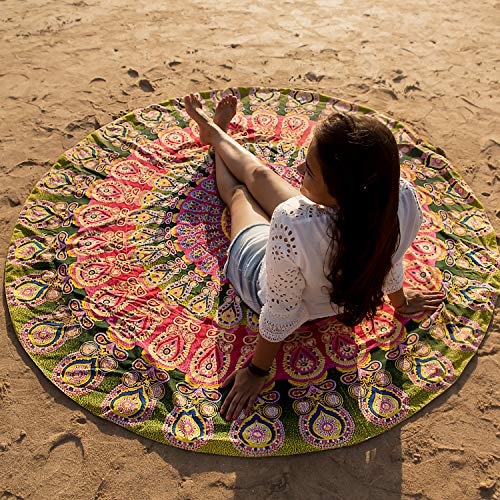 Product Cover Folkulture Catsy Round Mandala Tapestry Towel or Boho Beach Blanket, Circle Yoga Mat for Meditation, Hippie Table Cloth, Mandala Rug or Bohemian Decor - 72 Inches, Green
