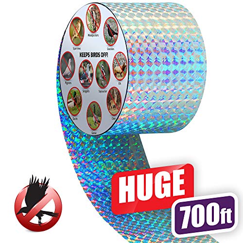 Product Cover Premium Quality Bird Deterrent Reflective Scare Tape Ribbon 700 ft Long - Pest Control Dual-sided Repellent For Pigeons, Grackles, Woodpeckers, Geese, Herons, Blackbirds & More - Sturdy & Ultra Strong