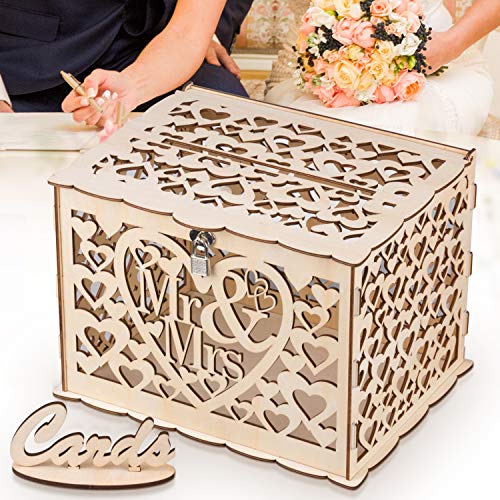 Product Cover GLM Wedding Card Box with Lock Holds up to 300 Cards DIY Card Sign Hollow Wooden Gift Card Box Money Box Holder for Wedding Reception Anniversary Shower Rustic Wedding Decorations Birthday Graduation