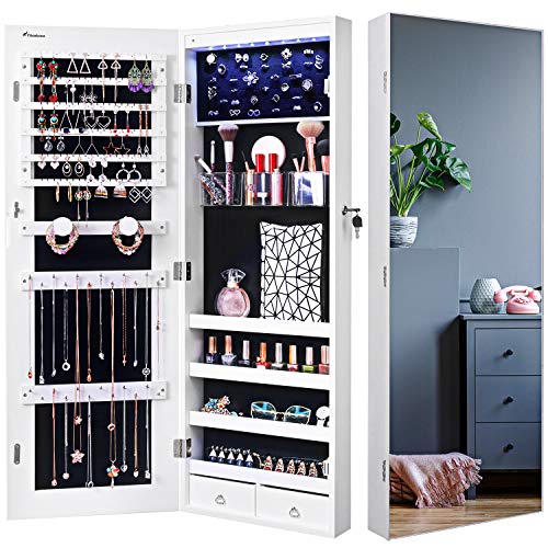 Product Cover Nicetree 8 LED Mirror Jewelry Cabinet, Jewelry Armoire Organizer with Full Screen Mirror, Wall/Door Mounted, Full Length Mirror, White