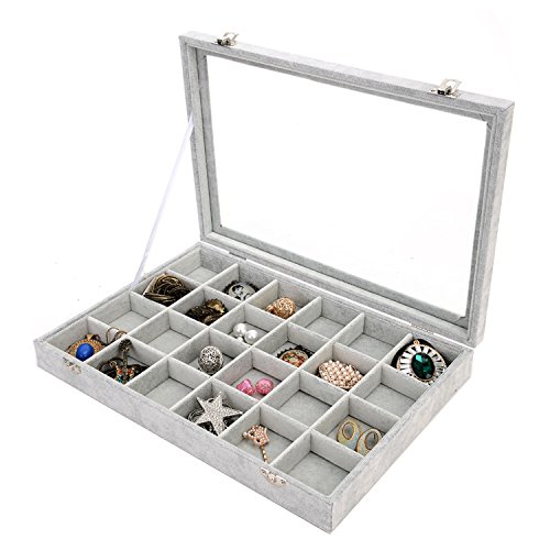 Product Cover PENGKE 24 Grid Velvet Jewelry Organiser Ring Display Box and Earrings Tray Holder Storage Case,Gray Pack of 1