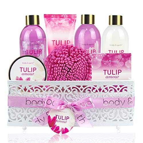 Product Cover Home Spa Gift Basket: Body & Earth Tulip Scent Bath Set Luxurious Bath Set Includes Bubble Bath, Shower Gel, Milk Body Butter & Lotion, Hand Soap and More, Perfect Bath and Body Gift Set for Women