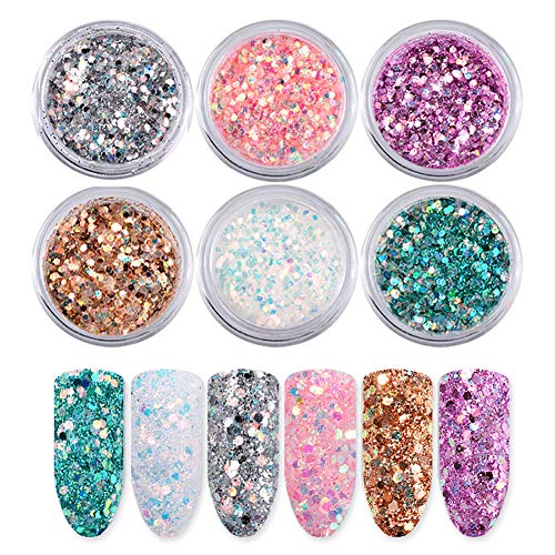 Product Cover Laza 6 Color 18g Glitter Nail Art Acrylic Nails Powder Mixed Polish Chunky Sequins Iridescent Flakes Ultra-thin Paillette Sparkles Set Tips for Cosmetic Festival Arts Face Eyes Body Hair