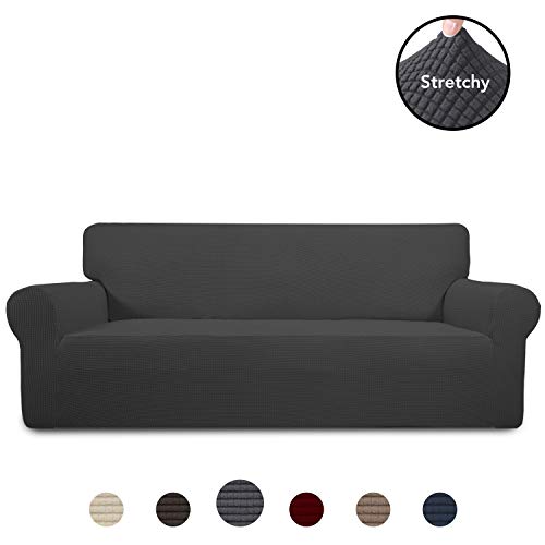 Product Cover PureFit Stretch Sofa Slipcover - Spandex Jacquard Non Slip Soft Couch Sofa Cover, Washable Furniture Protector with Non Skid Foam and Elastic Bottom for Kids (Sofa, Dark Gray)