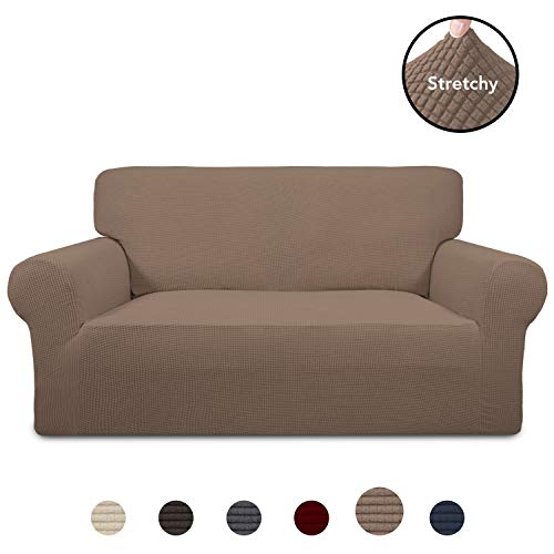 Product Cover PureFit Stretch Loveseat Sofa Slipcover - Spandex Jacquard Non Slip Soft Couch Sofa Cover, Washable Furniture Protector with Non Skid Foam and Elastic Bottom for Kids (Loveseat, Camel)