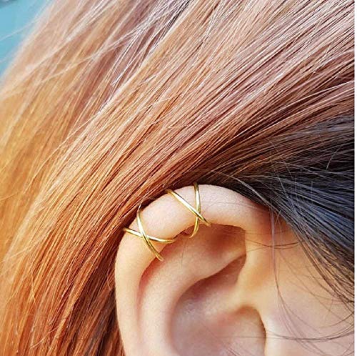 Product Cover Sterling 925 Silver 4pcs No Piercing Earcuff （2 pcs Double line ，2 pcs Criss Cross ） Simple Gold Plated Fake Helix Ear Cuff Cartilage Earring Color Gold