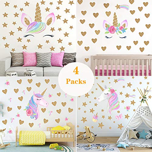 Product Cover Unicorn Wall Decal,4 Packs Unicorn Wall Decor Stickers with Heart & Stars for Kids Girls Bedroom Nursery Home Party Favors (Set1)